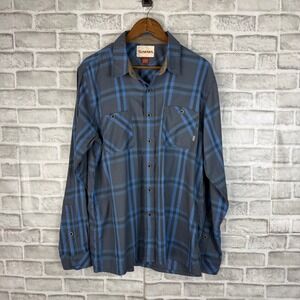 Simms Mens Blue Plaid Long Sleeve Fishing Shirt Polyester Tencel Flannel Large